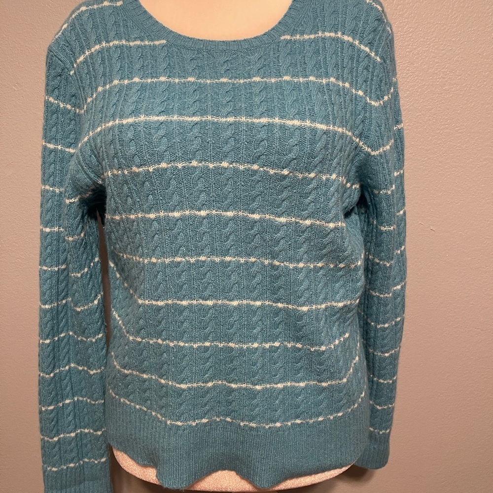 Express Cable Knit Sweater Wool Cashmere Angora Blend Striped Teal Blue XL